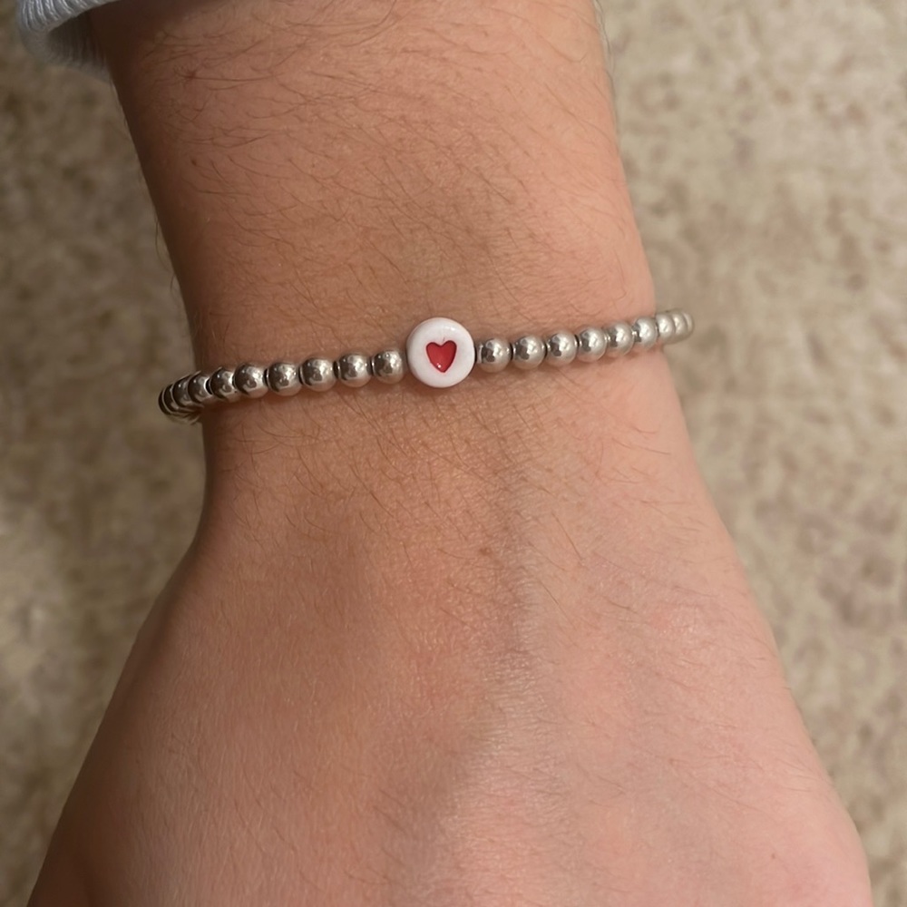 Sterling silver 4mm beads red heart beaded bracelet